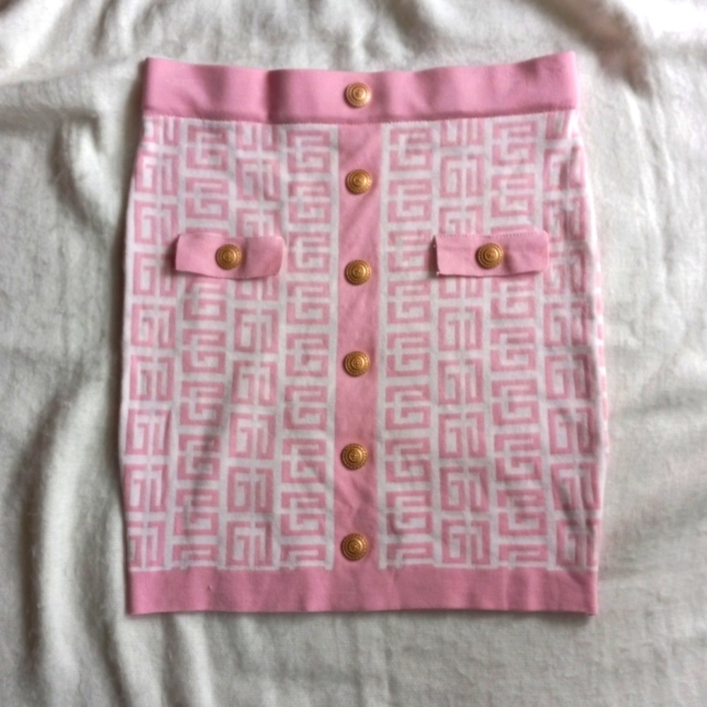 IMMODEL Mini Skirt Pink/Ivory Sz L Button Design Elastic Waist